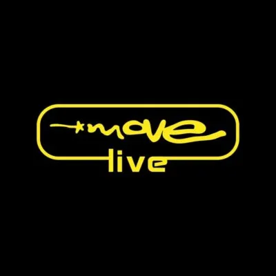 Move Live logo — Yellow stylized “move live” text logo on black background, simple, modern, and eye-catching branding for music events.